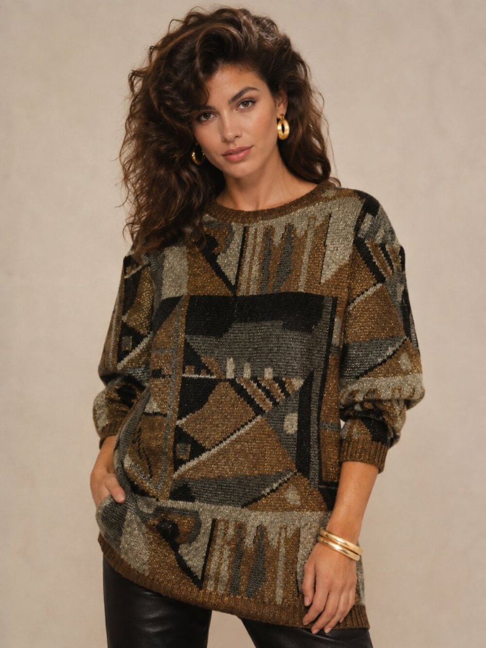 ANNE KLEIN Mohair Blend Sweater Sz L ? Geometric 3/4 Sleeve 80s 90s Gray Gold